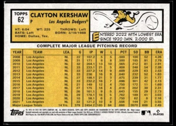 2022 Topps Archives Los Angeles Dodgers #62 Clayton Kershaw