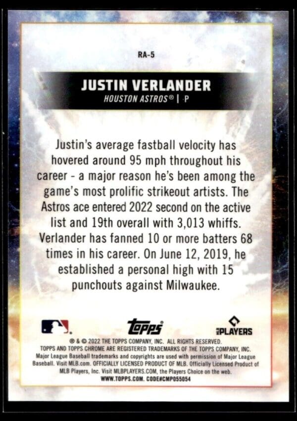 2022 Topps Chrome Rocket Arms Houston Astros #RA-5 Justin Verlander