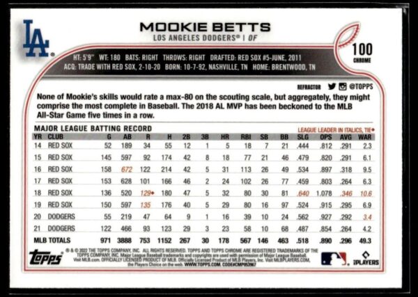 2022 Topps Chrome Los Angeles Dodgers #100 Mookie Betts Refractor