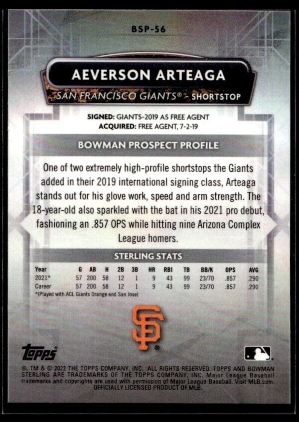 2022 Bowman Sterling San Francisco Giants #BSP-56 Aeverson Arteaga