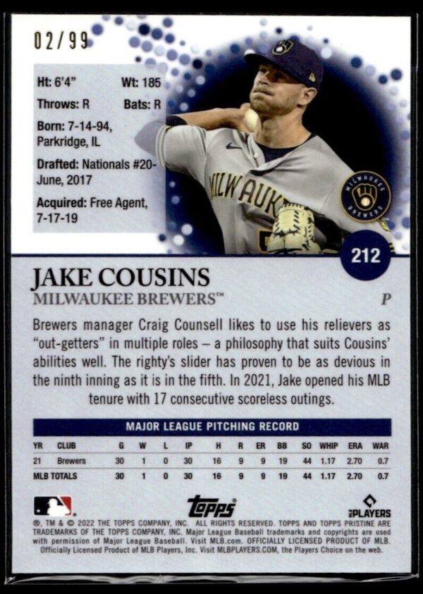 2022 Topps Pristine Milwaukee Brewers #212 Jake Cousins RC Rookie 02/99 Purple R
