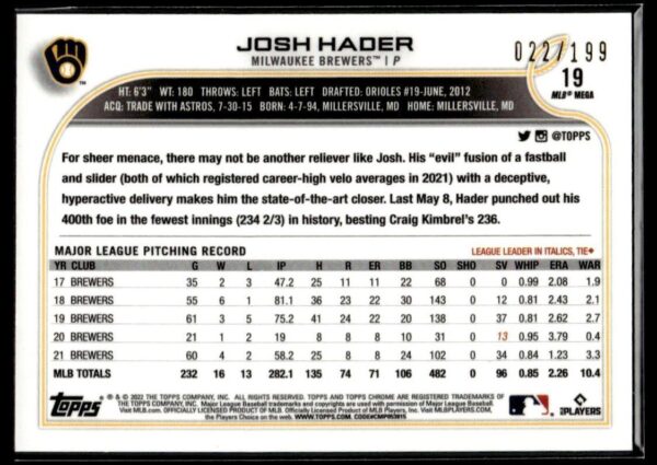 2022 Topps Chrome Milwaukee Brewers #19 Josh Hader 22/199 Pink Logofractor