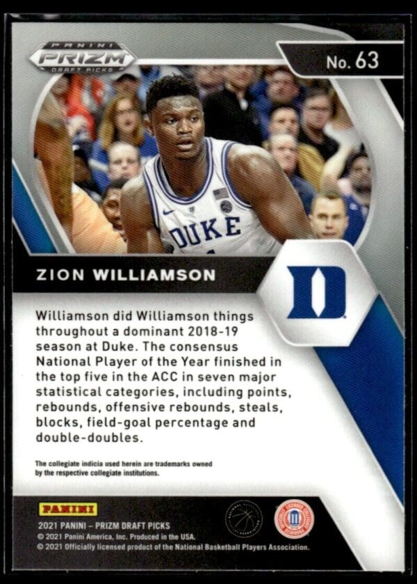 _10 2021 Panini Prizm Draft Picks Duke Blue Devils #63 Zion Williamson