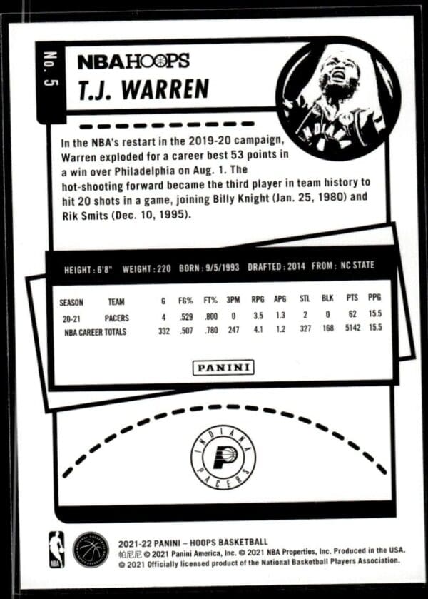 2021 NBA Hoops Winter Edition Indiana Pacers #5 T.J. Warren