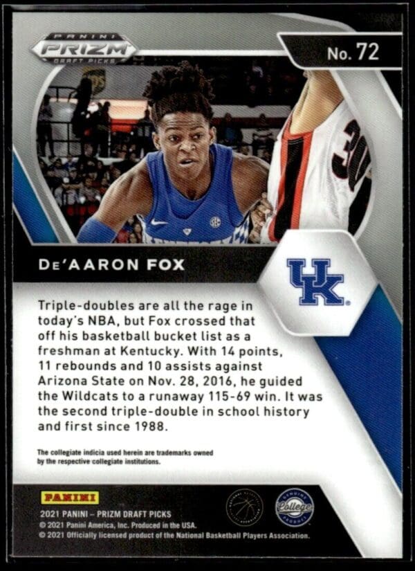 2021 Panini Prizm Draft Picks Kentucky Wildcats #72 De'Aaron Fox