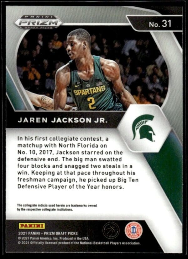 _10 2021 Panini Prizm Draft Picks Michigan State Spartans #31 Jaren Jackson Jr.