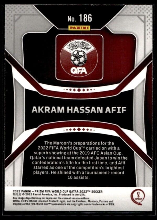 2022 Panini Prizm FIFA World Cup Qatar Qatar #186 Akram Hassan Afif RC Rookie