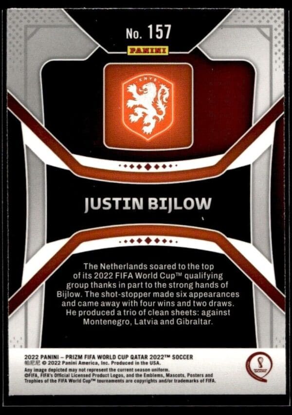 _10 2022 Panini Prizm FIFA World Cup Qatar Netherlands #157 Justin Bijlow RC Rookie