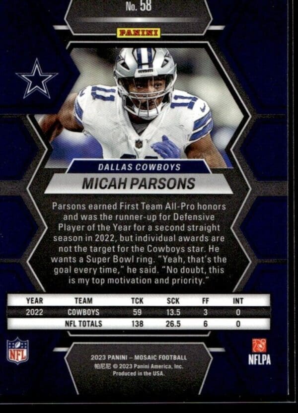 2023 Panini Mosaic Dallas Cowboys #58 Micah Parsons