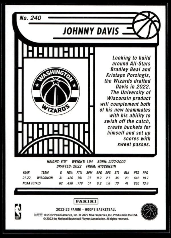 2022 NBA Hoops Washington Wizards #240 Johnny Davis RC Rookie Blue