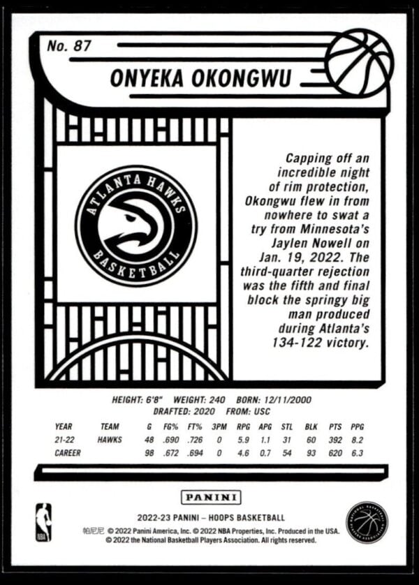 2022 NBA Hoops Atlanta Hawks #87 Onyeka Okongwu