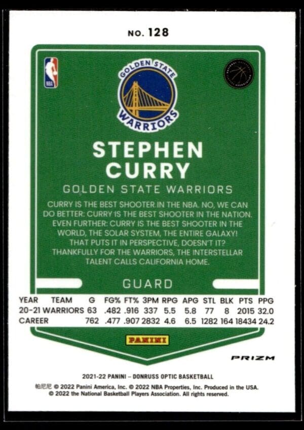 _10 2021 Donruss Optic Golden State Warriors #128 Stephen Curry Purple
