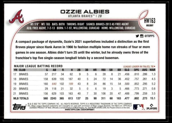 2022 Topps Holiday Atlanta Braves #HW163 Ozzie Albies