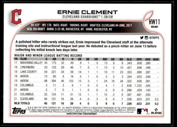 2022 Topps Holiday Cleveland Guardians #HW11 Ernie Clement RC Rookie