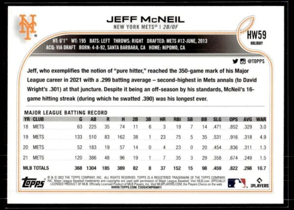 2022 Topps Holiday New York Mets #HW59 Jeff McNeil