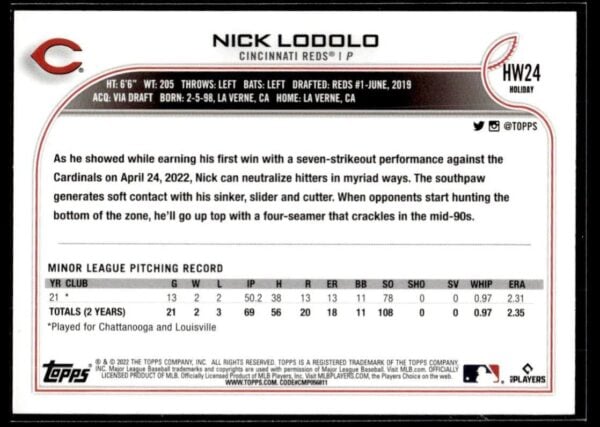 2022 Topps Holiday Cincinnati Reds #HW24 Nick Lodolo RC Rookie