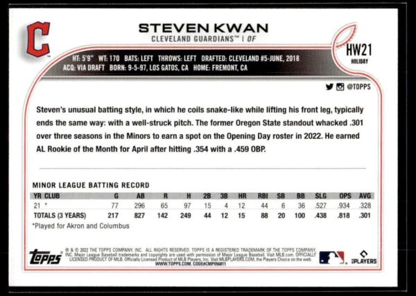 2022 Topps Holiday Cleveland Guardians #HW21 Steven Kwan RC Rookie
