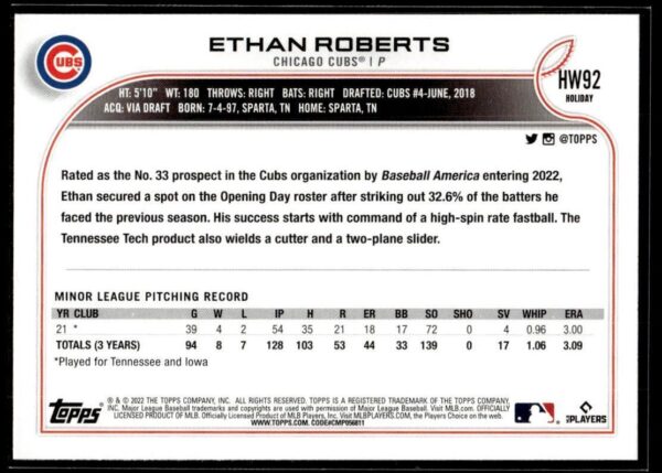 2022 Topps Holiday Chicago Cubs #HW92 Ethan Roberts RC Rookie