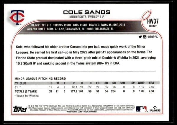 2022 Topps Holiday Minnesota Twins #HW37 Cole Sands RC Rookie