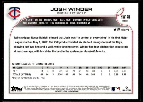 _10 2022 Topps Holiday Minnesota Twins #HW140 Josh Winder RC Rookie
