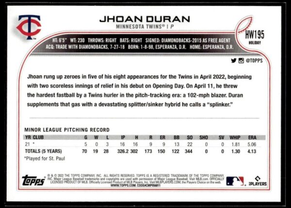 _10 2022 Topps Holiday Minnesota Twins #HW195 Jhoan Duran RC Rookie