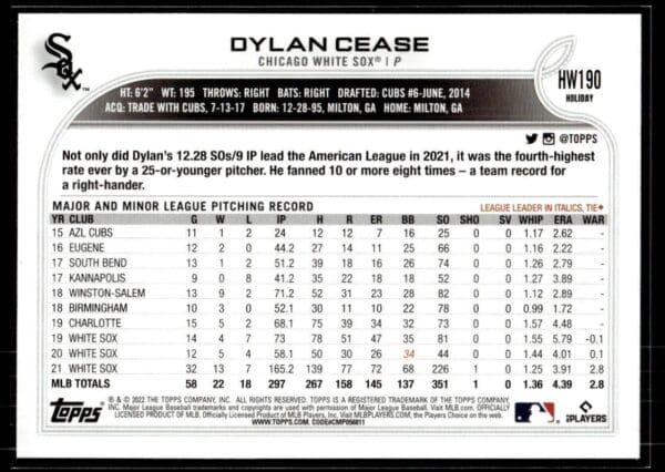 2022 Topps Holiday Chicago White Sox #HW190 Dylan Cease