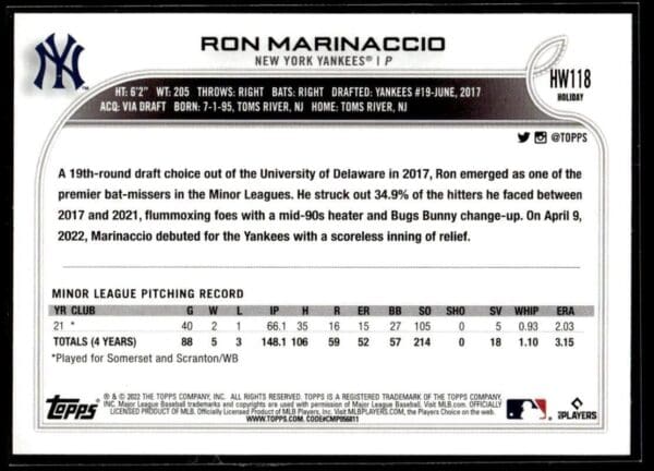 _10 2022 Topps Holiday New York Yankees #HW118 Ron Marinaccio RC Rookie