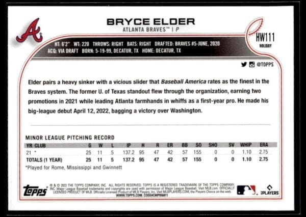 2022 Topps Holiday Atlanta Braves #HW111 Bryce Elder RC Rookie