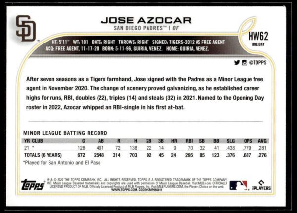 2022 Topps Holiday San Diego Padres #HW62 Jose Azocar RC Rookie