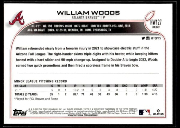 _10 2022 Topps Holiday Atlanta Braves #HW127 William Woods RC Rookie