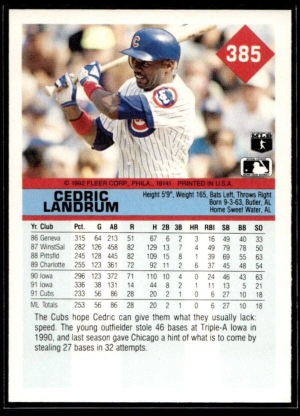 1992 Fleer Chicago Cubs #385 Cedric Landrum