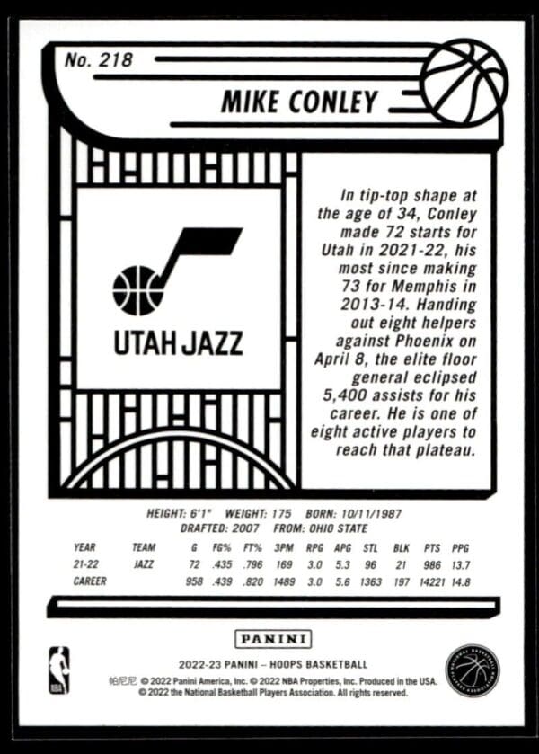 2022 NBA Hoops Utah Jazz #218 Mike Conley