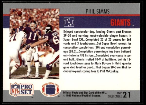 1990 Pro Set Super Bowl 160 New York Giants #21 Phil Simms