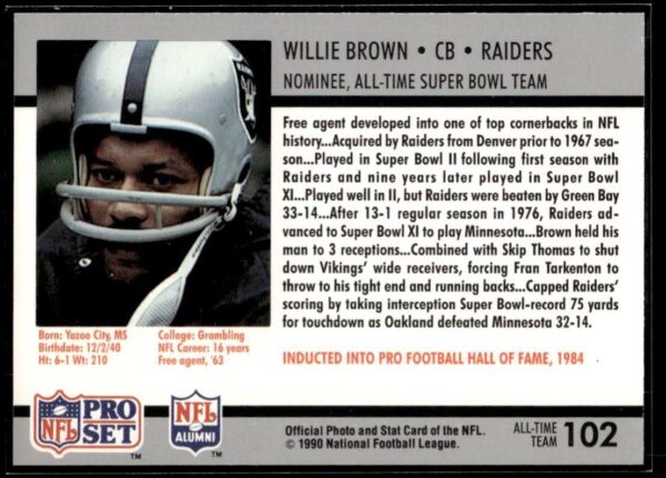 1990 Pro Set Super Bowl 160 Oakland Raiders #102 Willie Brown