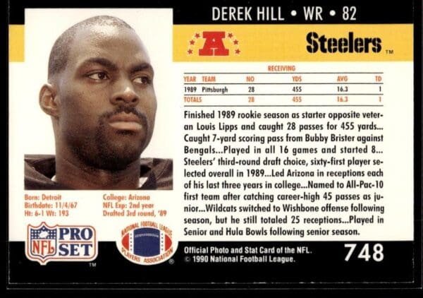 1990 Pro Set Super Bowl 160 Pittsburgh Steelers #748 Derek Hill