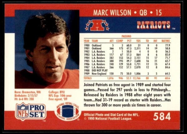 _10 1990 Pro Set Super Bowl 160 New England Patriots #584 Marc Wilson
