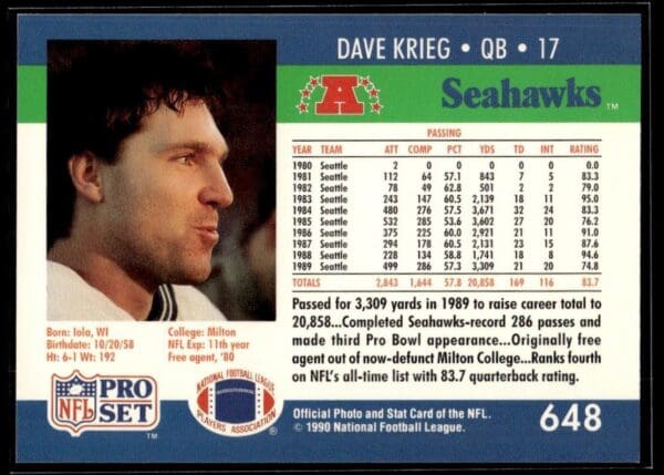 _10 1990 Pro Set Super Bowl 160 Seattle Seahawks #648 Dave Krieg