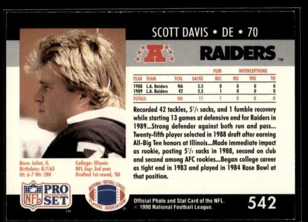 _10 1990 Pro Set Super Bowl 160 Los Angeles Raiders #542 Scott Davis