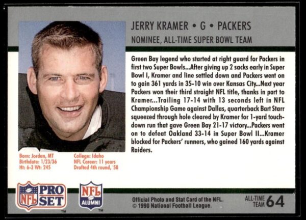 _10 1990 Pro Set Super Bowl 160 Green Bay Packers #64 Jerry Kramer