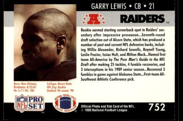 1990 Pro Set Super Bowl 160 Los Angeles Raiders #752 Garry Lewis