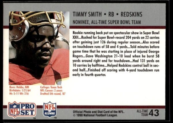 _10 1990 Pro Set Super Bowl 160 Washington Redskins #43 Timmy Smith