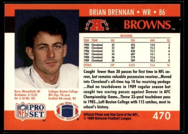 1990 Pro Set Super Bowl 160 Cleveland Browns #470 Brian Brennan