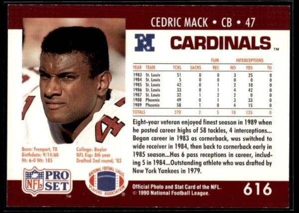 1990 Pro Set Super Bowl 160 Phoenix Cardinals #616 Cedric Mack