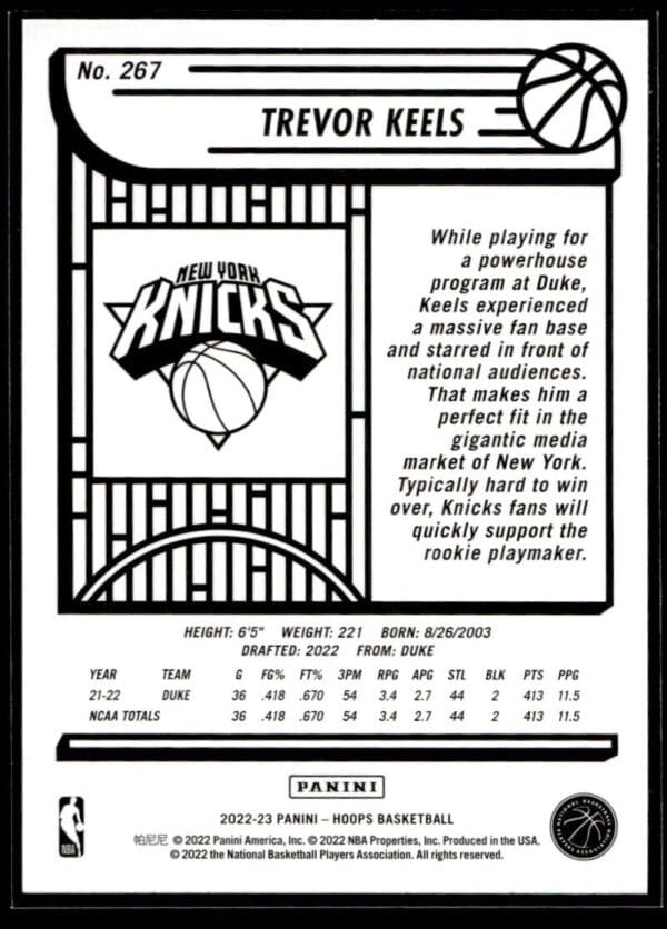 _10 2022 NBA Hoops New York Knicks #267 Trevor Keels RC Rookie