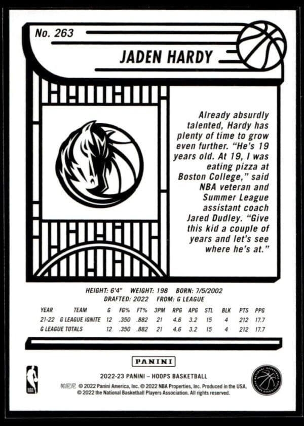2022 NBA Hoops Dallas Mavericks #263 Jaden Hardy RC Rookie