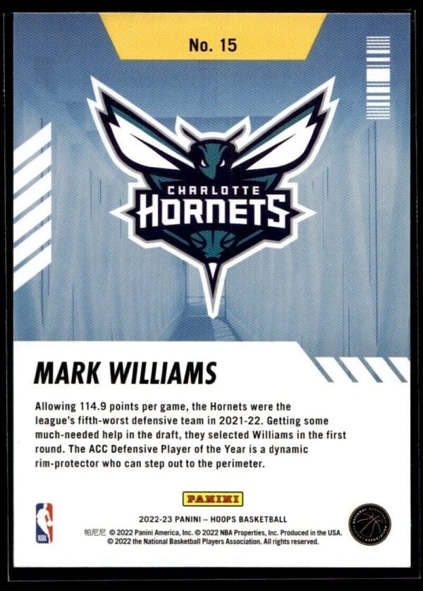 2022 Hoops Arriving Now Charlotte Hornets #15 Mark Williams RC Rookie