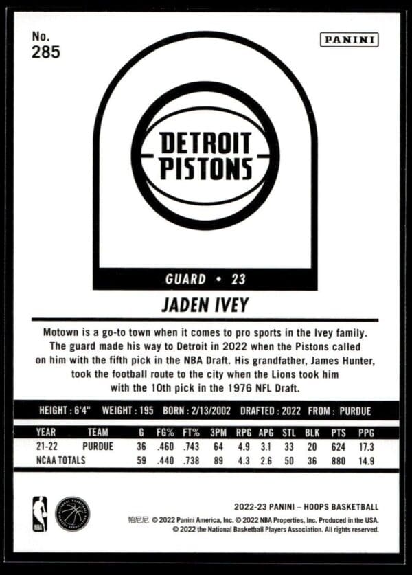 2022 NBA Hoops Detroit Pistons #285 Jaden Ivey RC Rookie Tribute