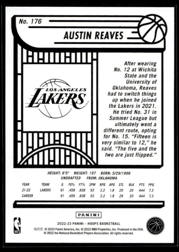 2022 NBA Hoops Los Angeles Lakers #176 Austin Reaves