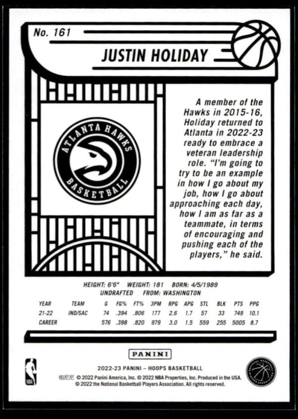 _10 2022 NBA Hoops Atlanta Hawks #161 Justin Holiday