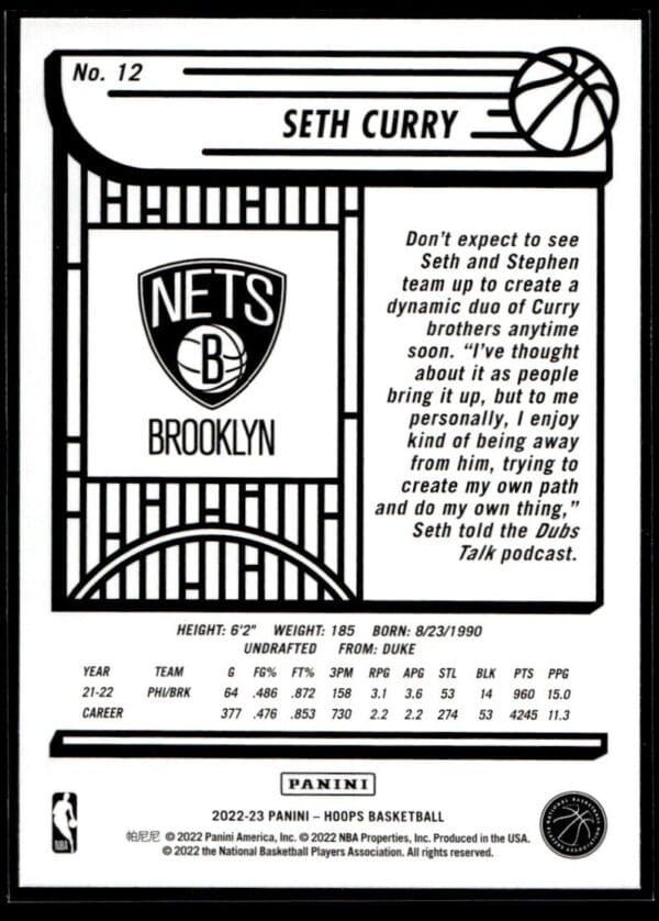 _10 2022 NBA Hoops Brooklyn Nets #12 Seth Curry